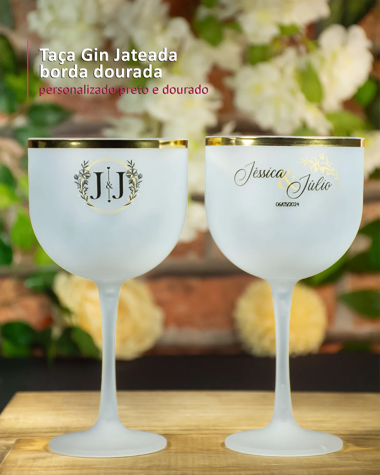 Taça Gin Jateada borda dourada personalizado preto e dourado