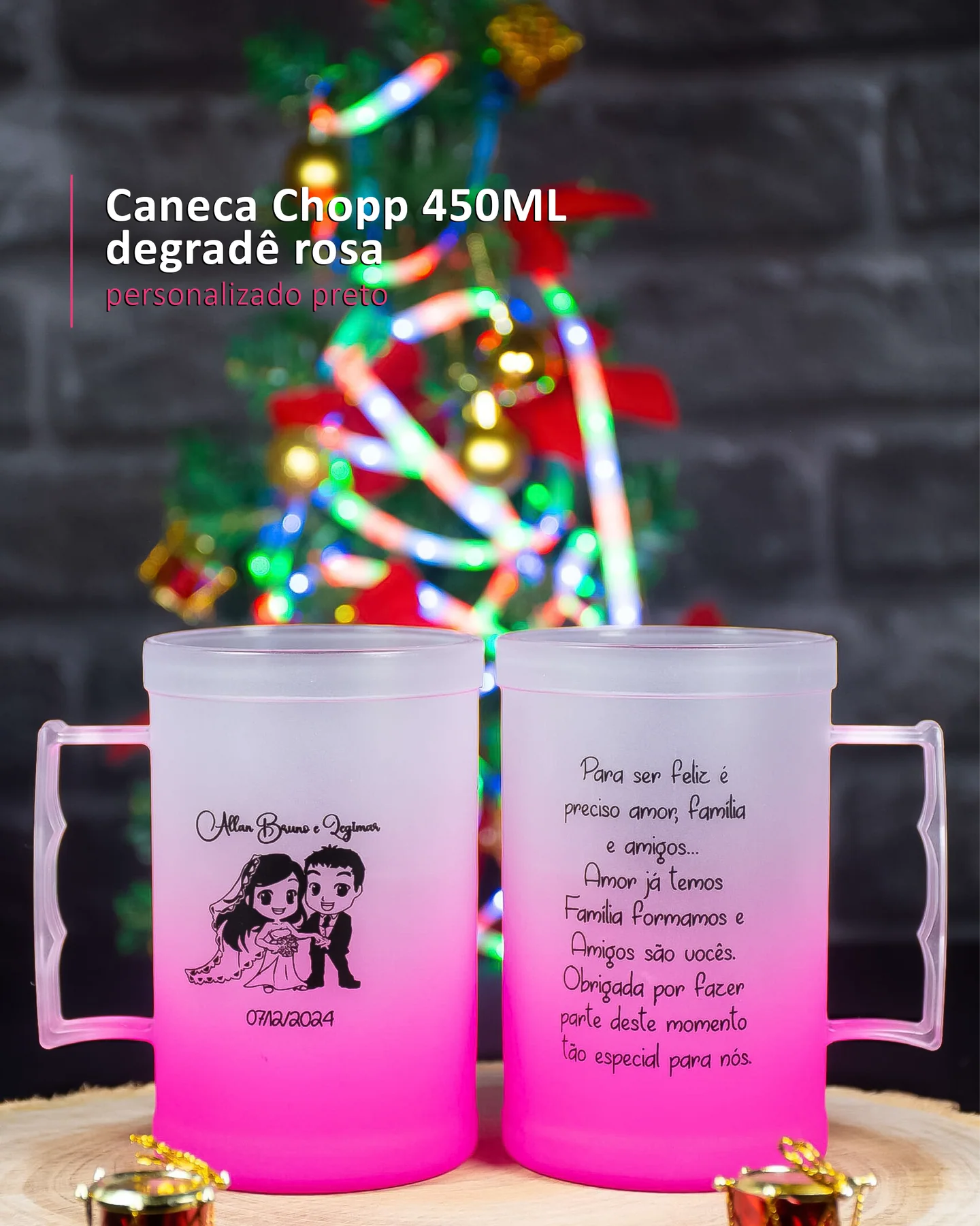 Caneca Chopp 450ML degradê rosa  personalizado preto