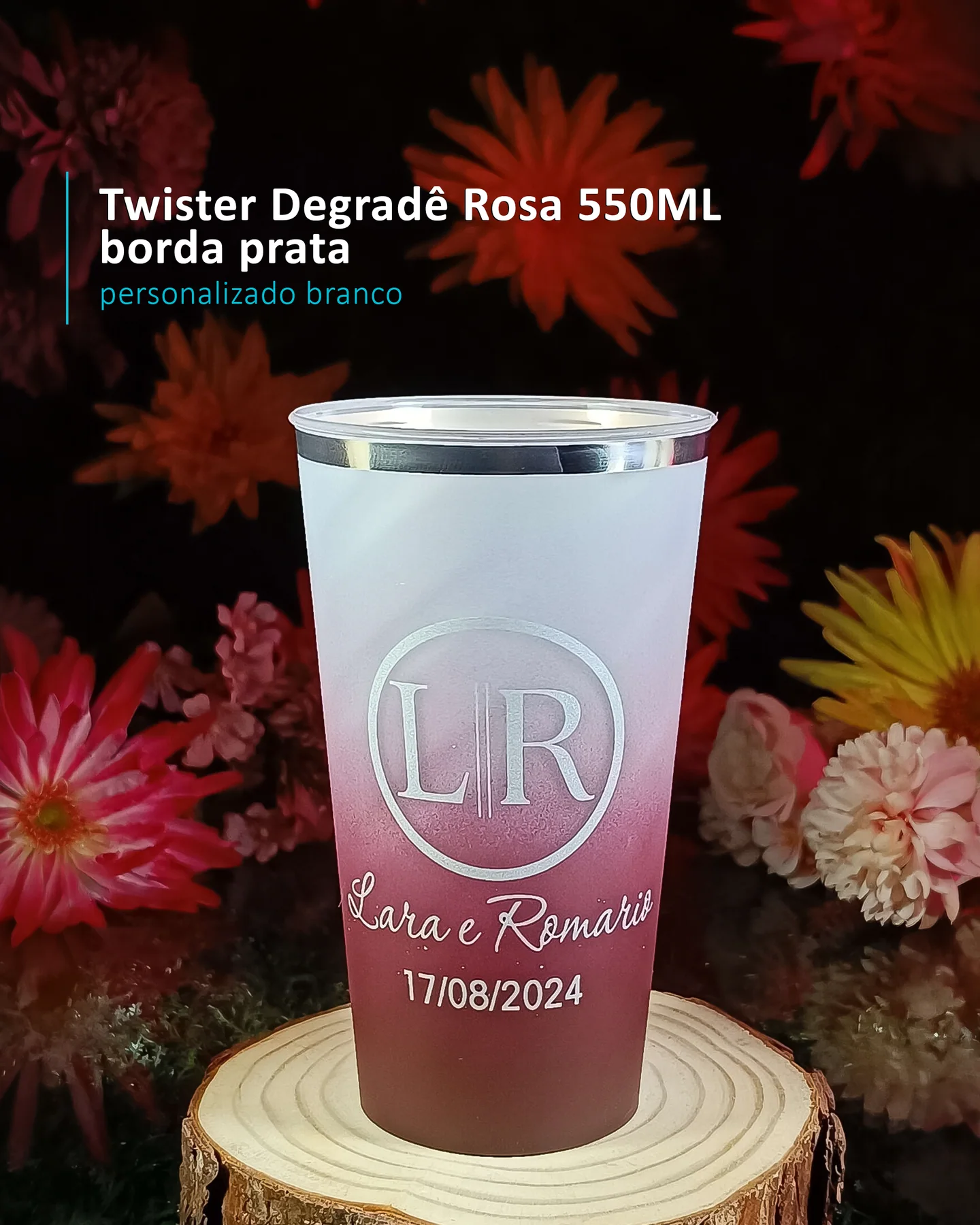 Twister Degradê Rosa 550ML borda prata personalizado branco