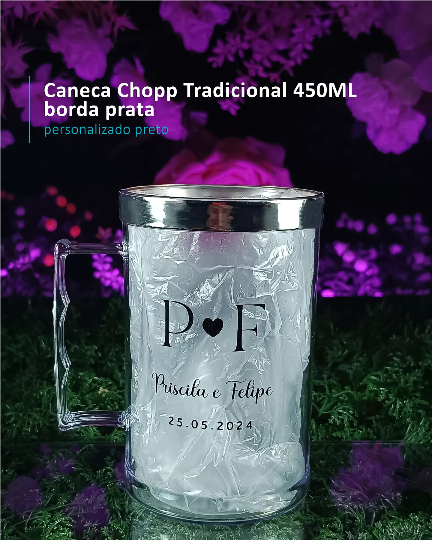 Caneca Chopp Tradicional 450ML borda prata personalizado preto