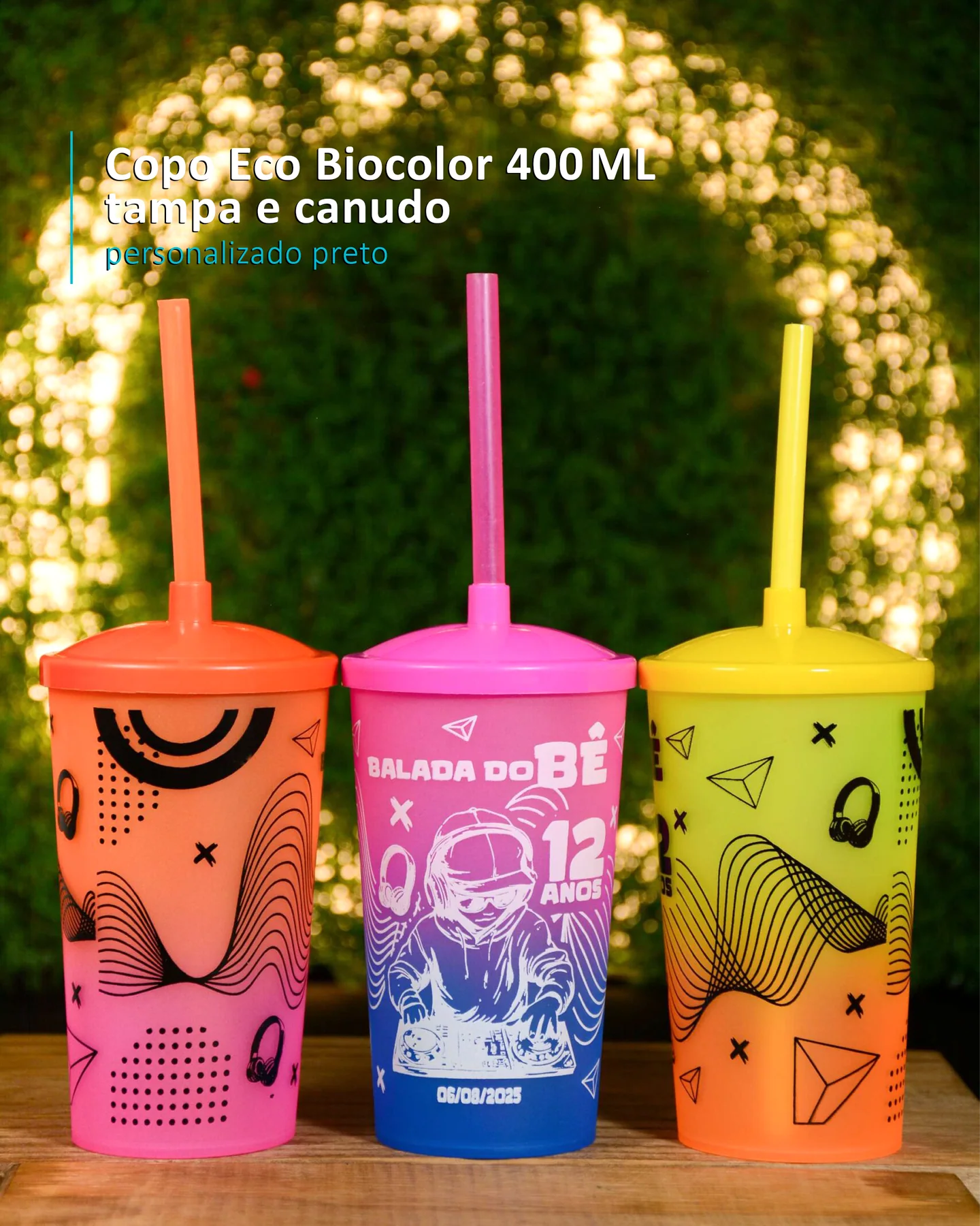 Copo Eco Biocolor 400 ML tampa e canudo personalizado preto