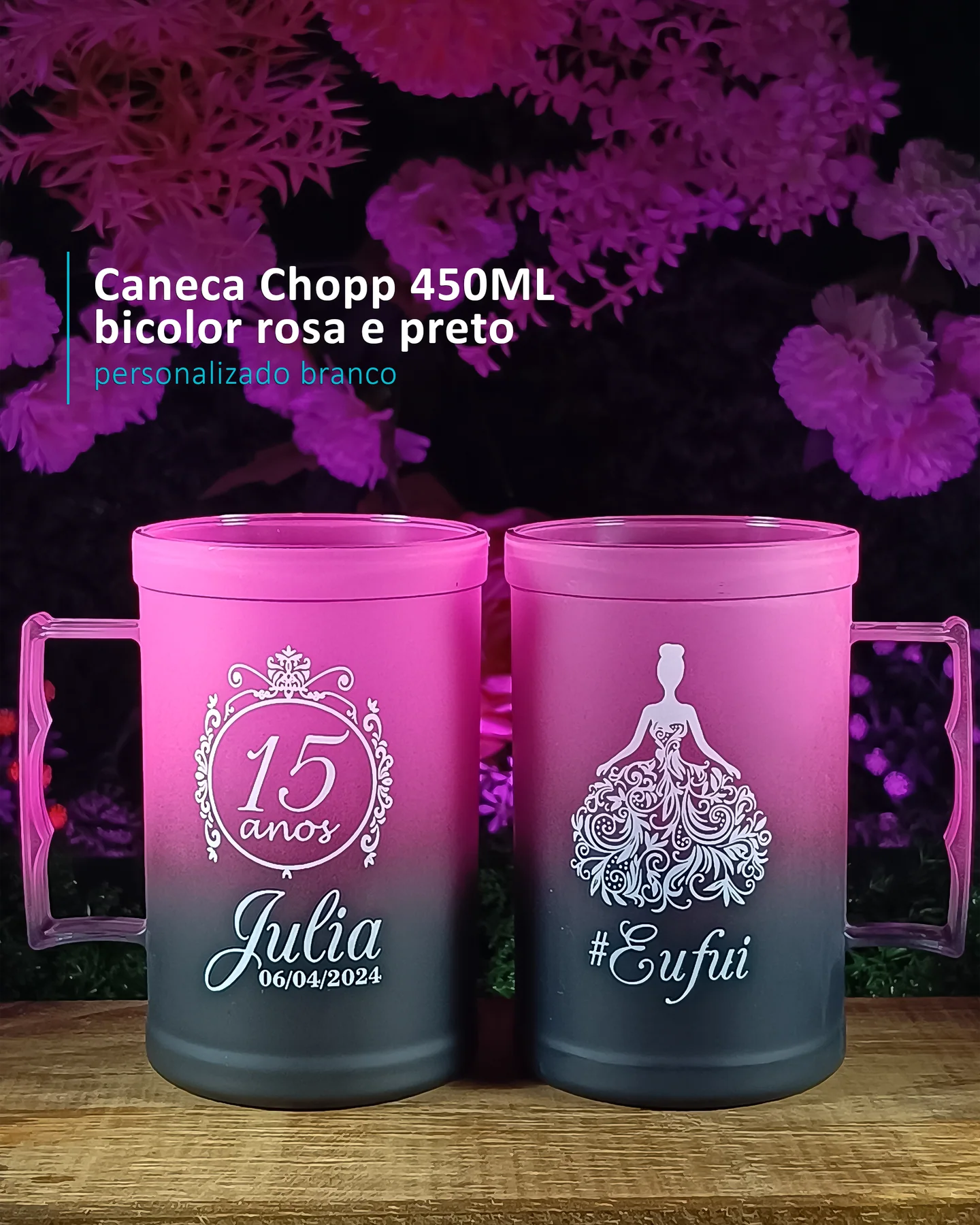 Caneca Chopp 450ML  bicolor rosa e preto personalizado branco