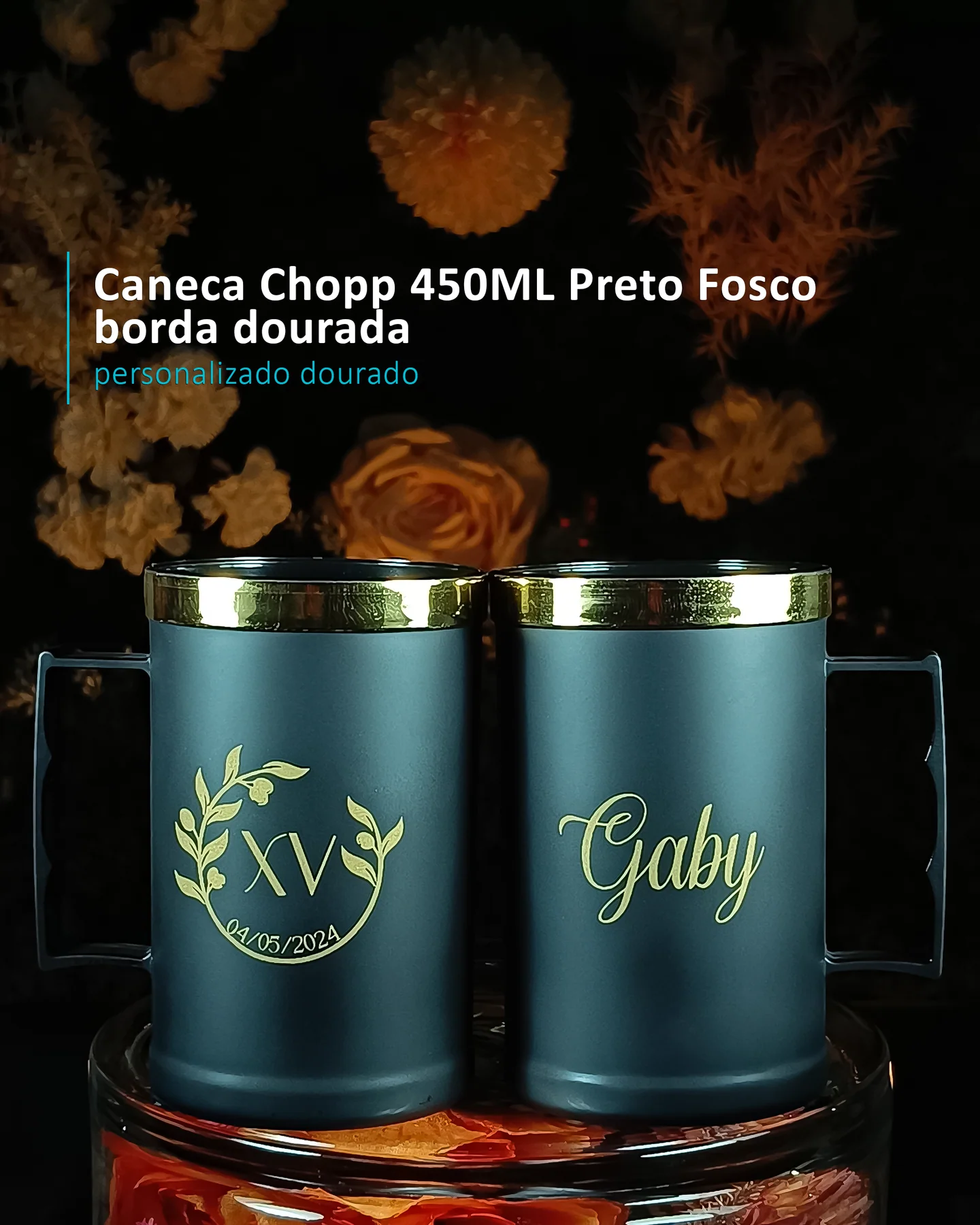 Caneca Chopp 450ML Preto Fosco  borda dourada  personalizado do
