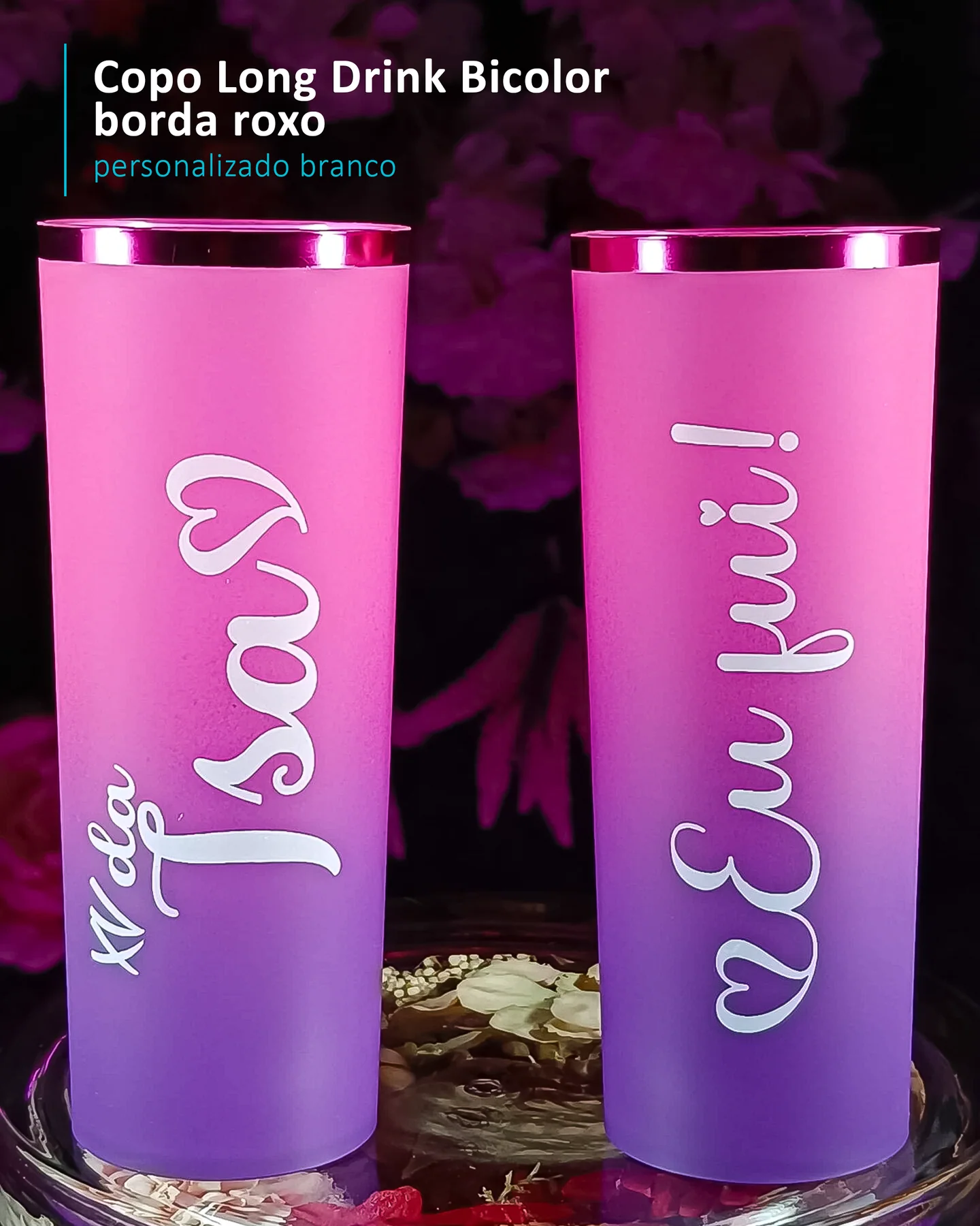 Copo Long Drink Bicolor borda roxo personalizado branco