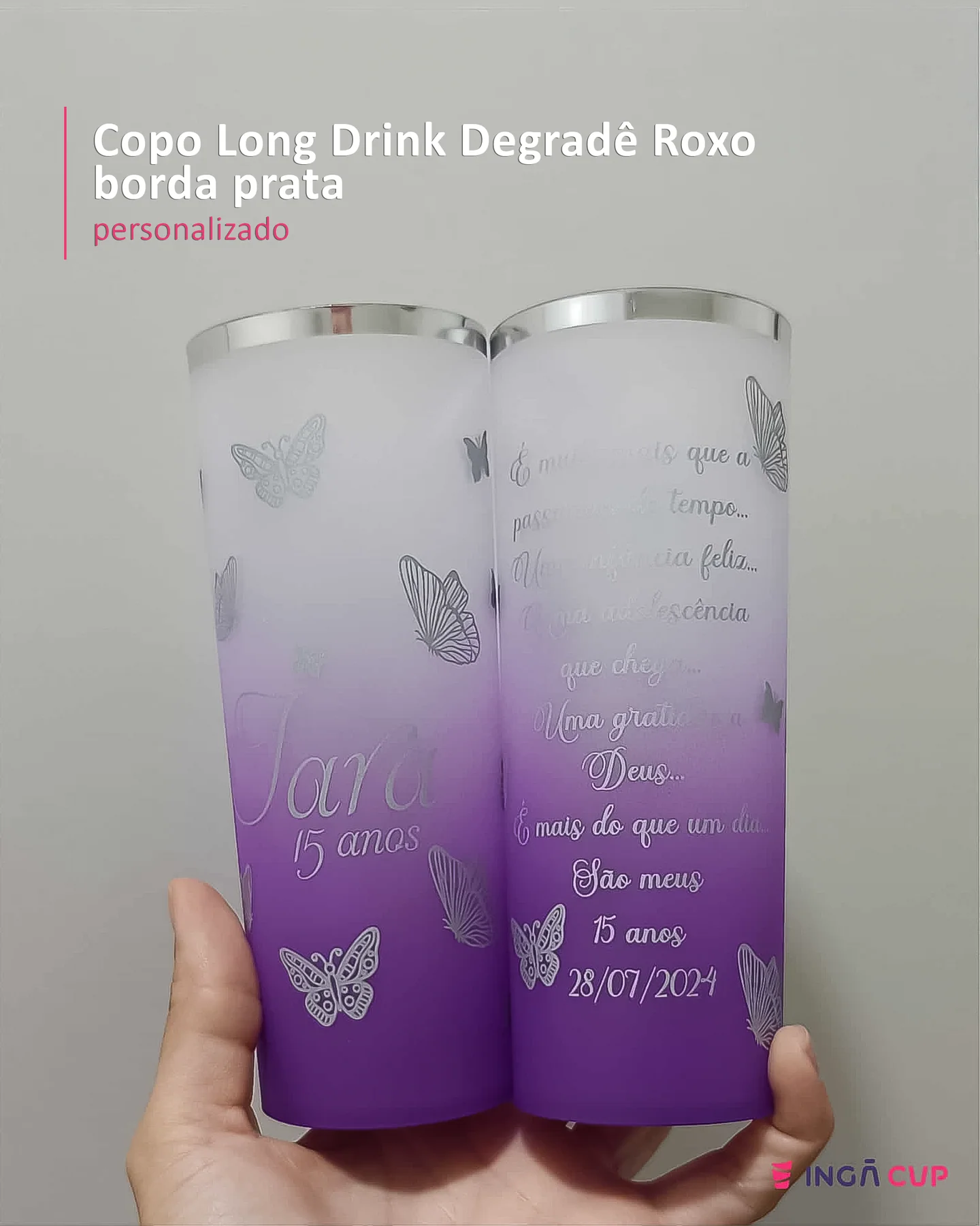 Copo Long Drink Degradê Roxo borda prata personalizado