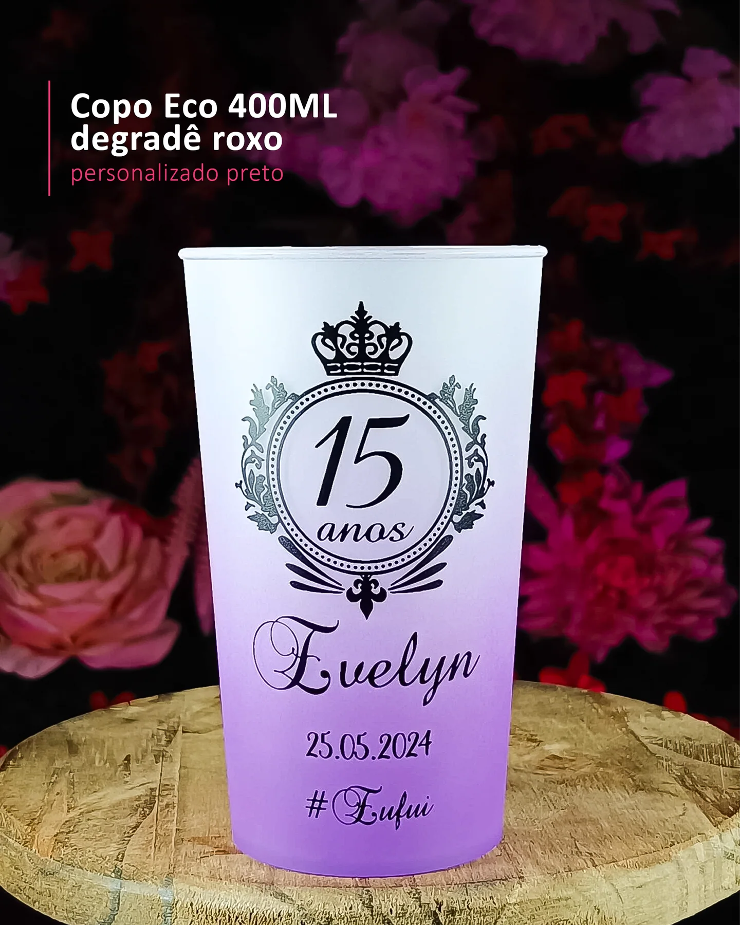 Copo Eco 400ML degradê roxo personalizado preto