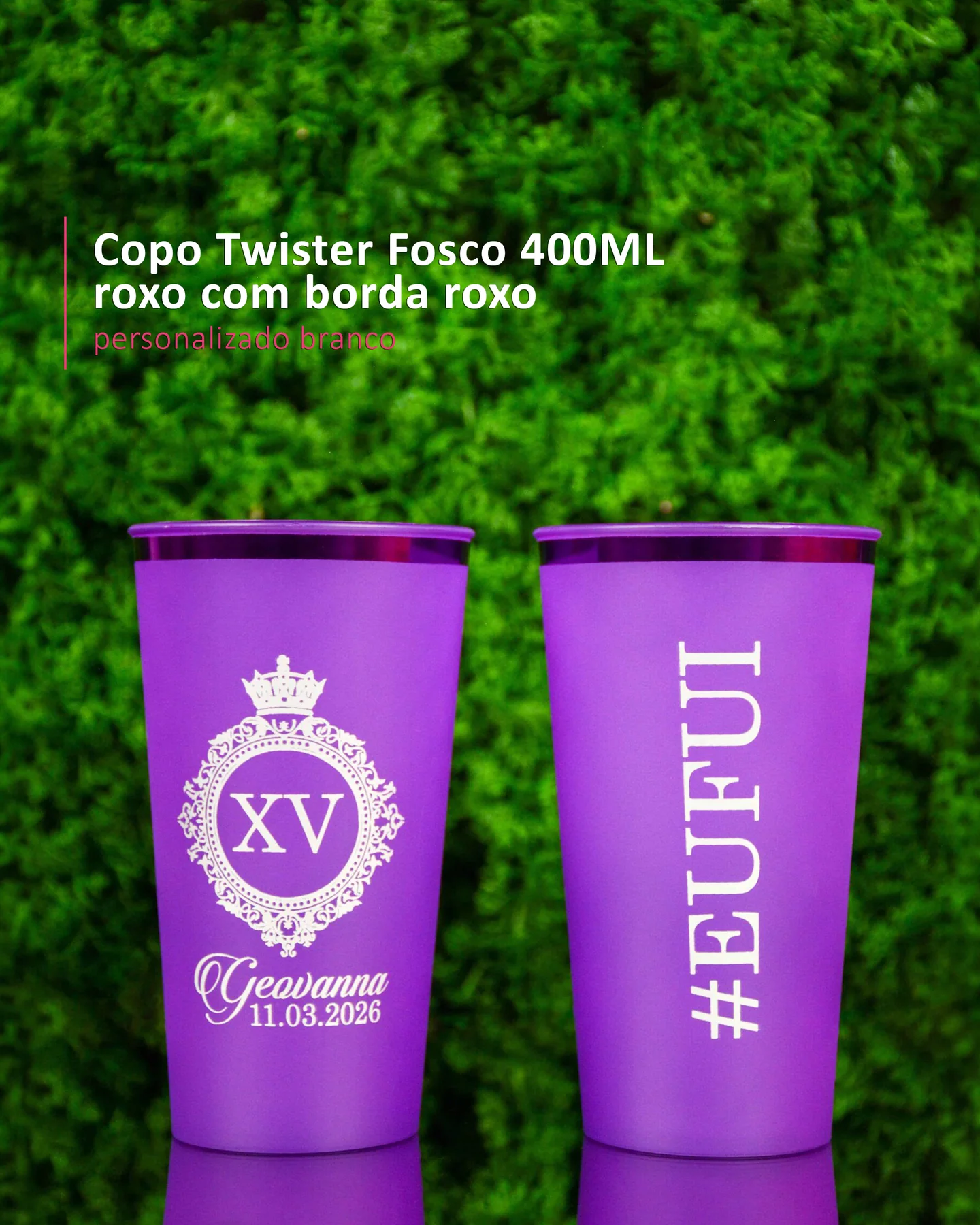 Copo Twister Fosco 400ML roxo com borda roxo personalizado branco