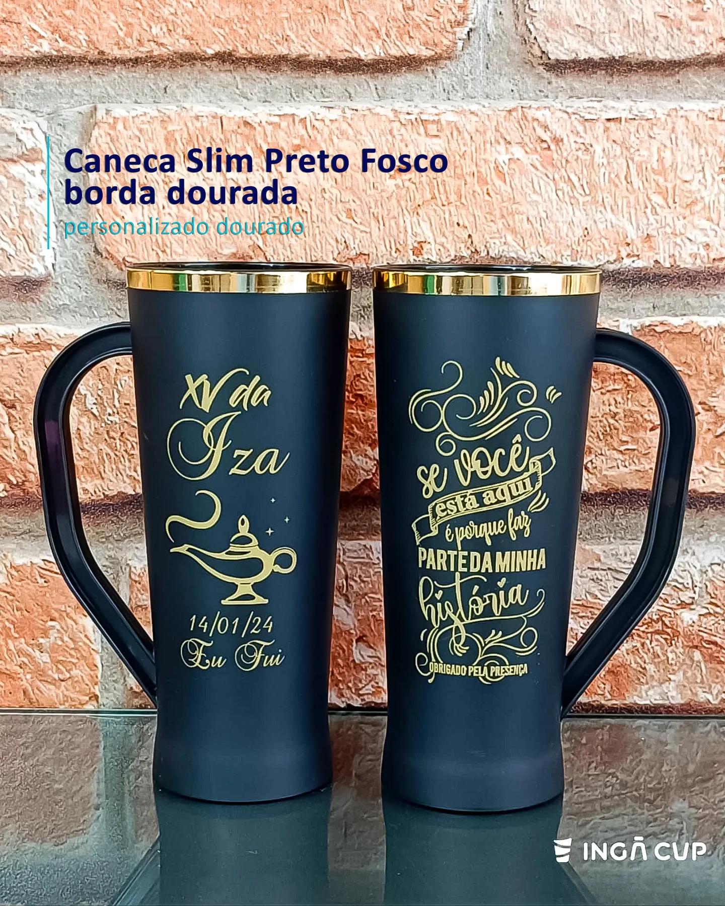 Caneca Slim Preto Fosco borda dourada personalizado dourado