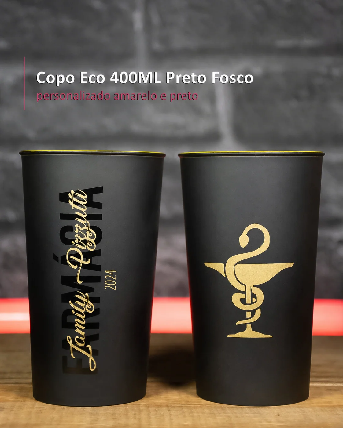 Copo Eco 400ML Preto Fosco personalizado preto e amarelo