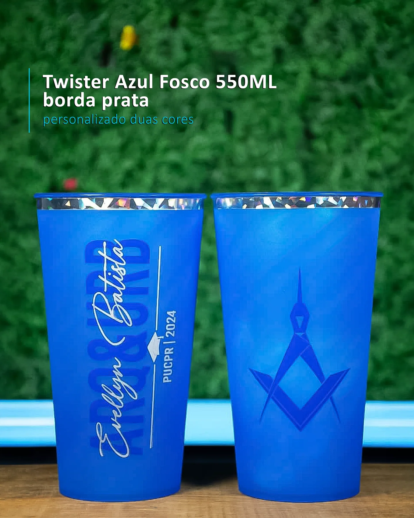 Twister Azul Fosco 550ML borda prata personalizado duas cores