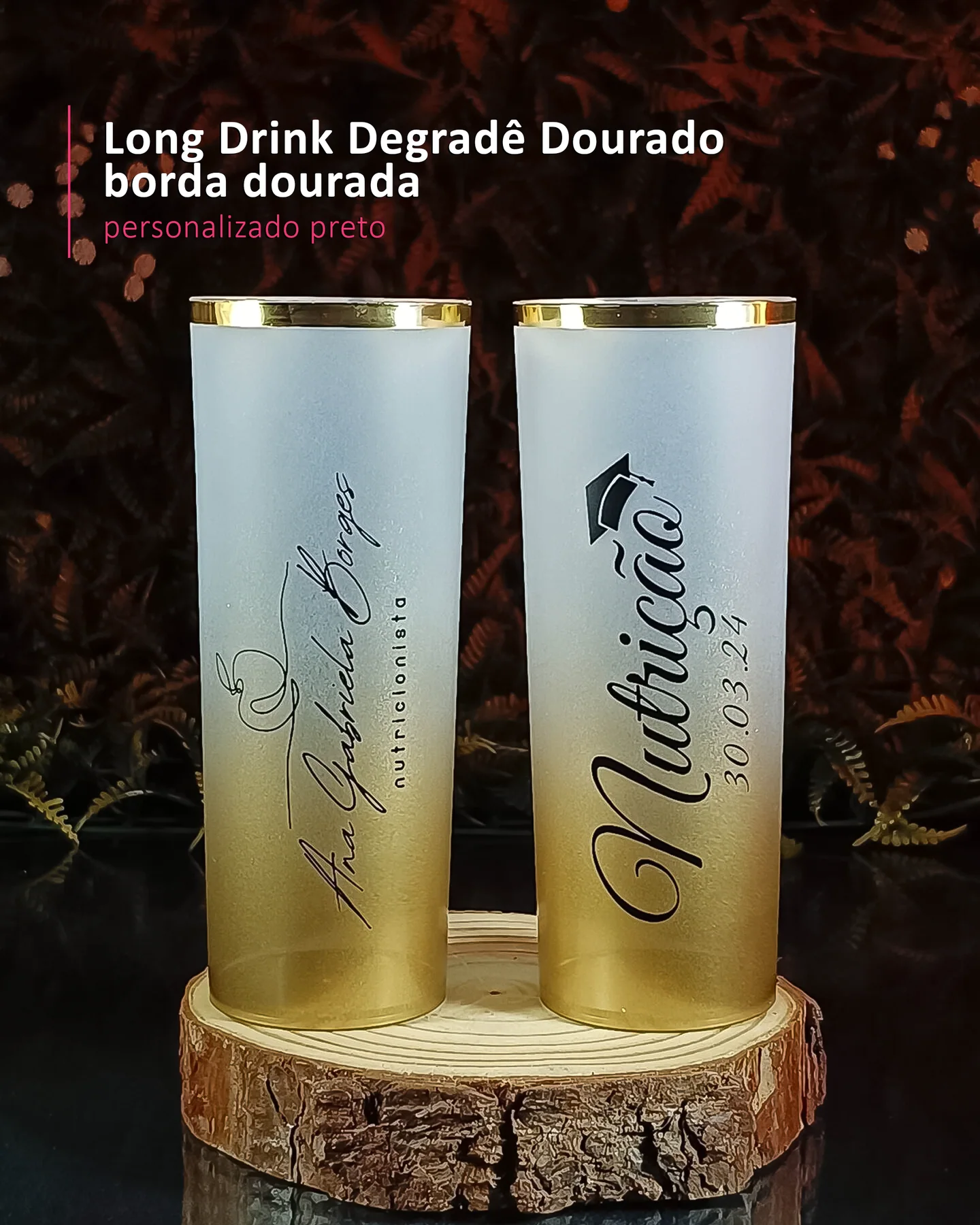 Long Drink Degradê Dourado borda dourada personalizado preto