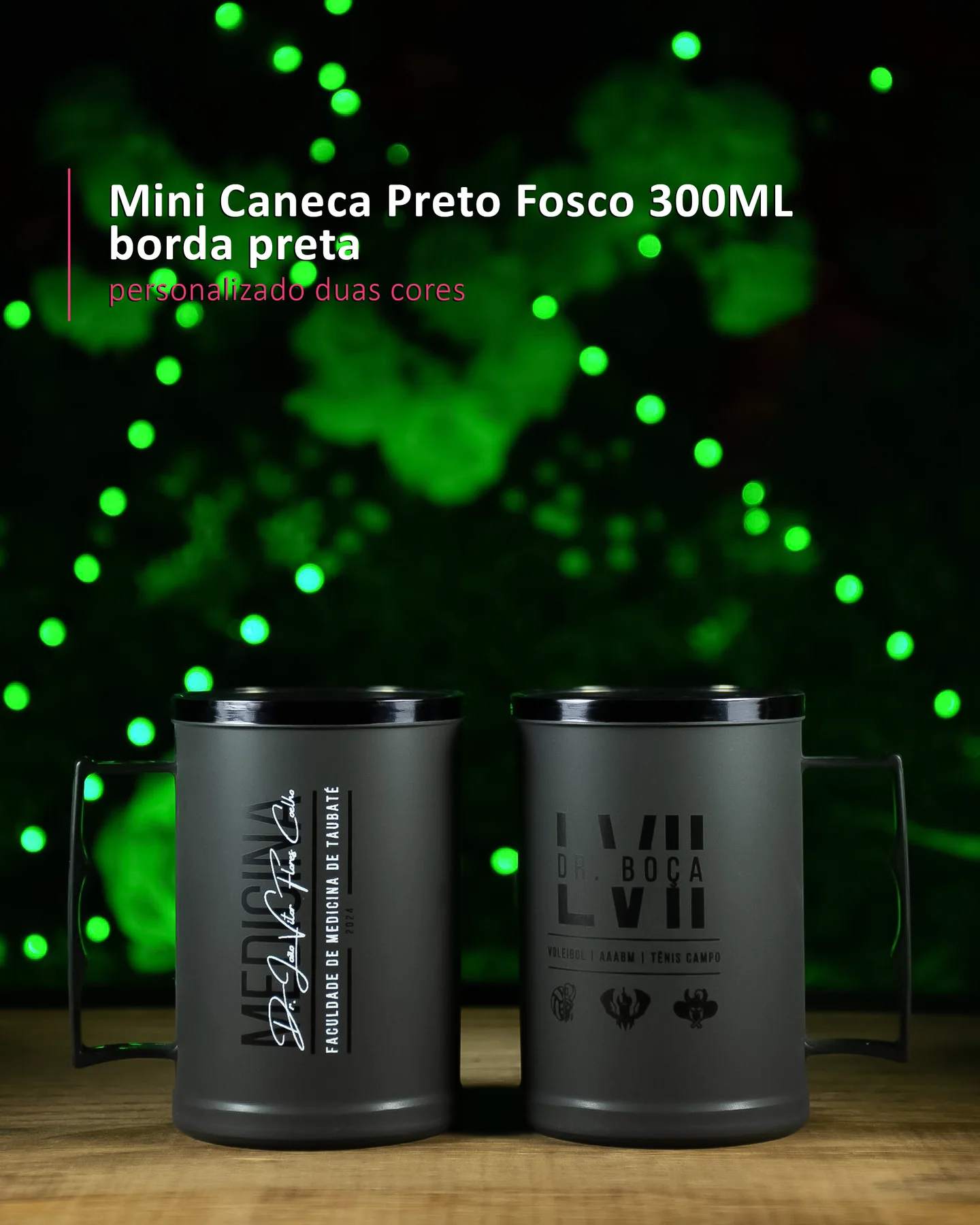 Mini Caneca Preto Fosco 300ML borda preta personalizado duas co