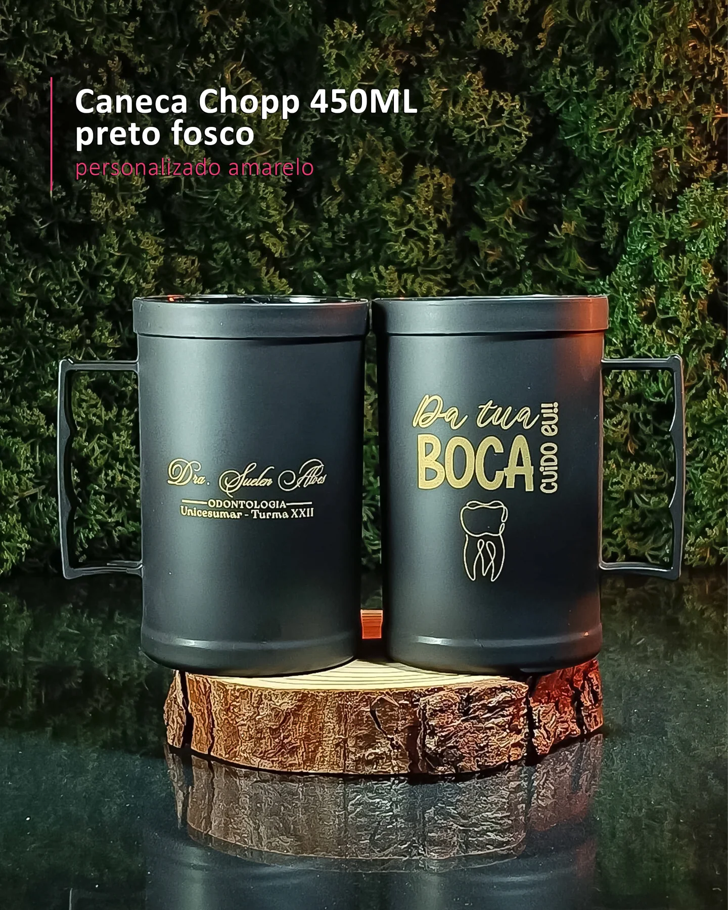 Caneca Chopp 450ML preto fosco personalizado amarelo