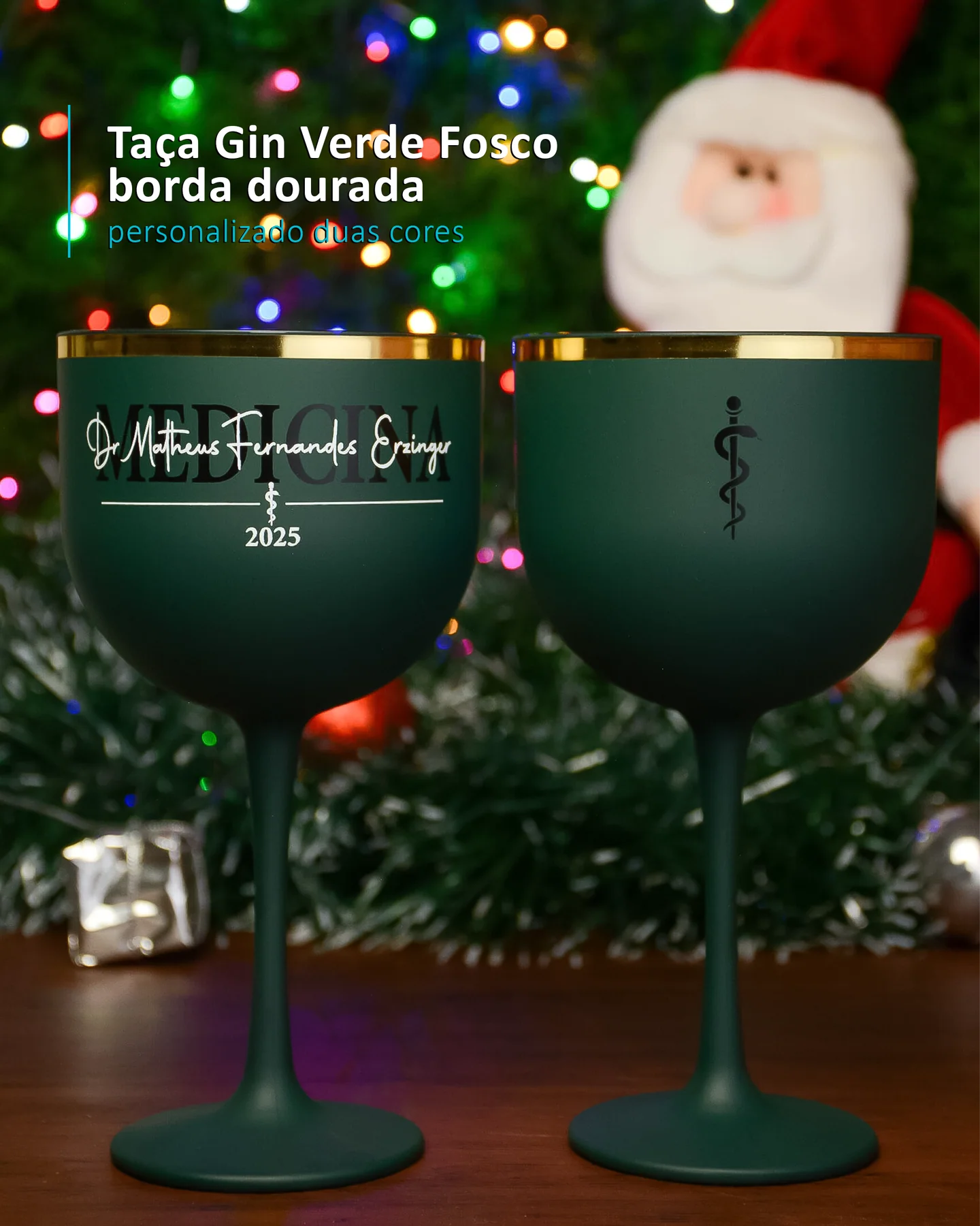 Taça Gin Verde Fosco borda dourada personalizado duas cores