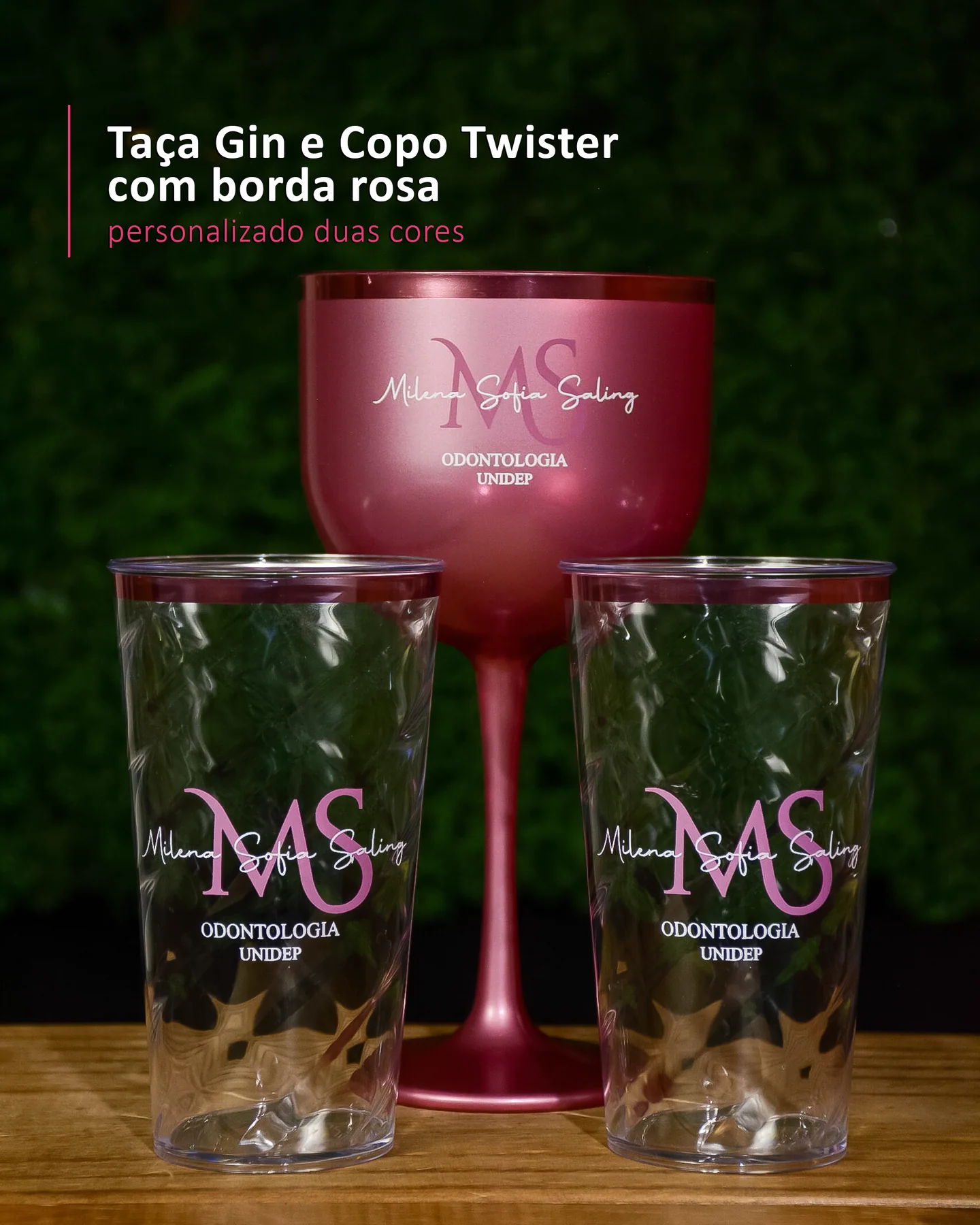 Taça Gin e Copo Twister  com borda rosa personalizado duas cores