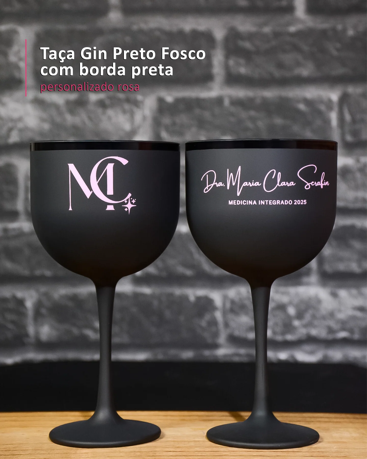 Taça Gin Preto Fosco com borda preta personalizado rosa