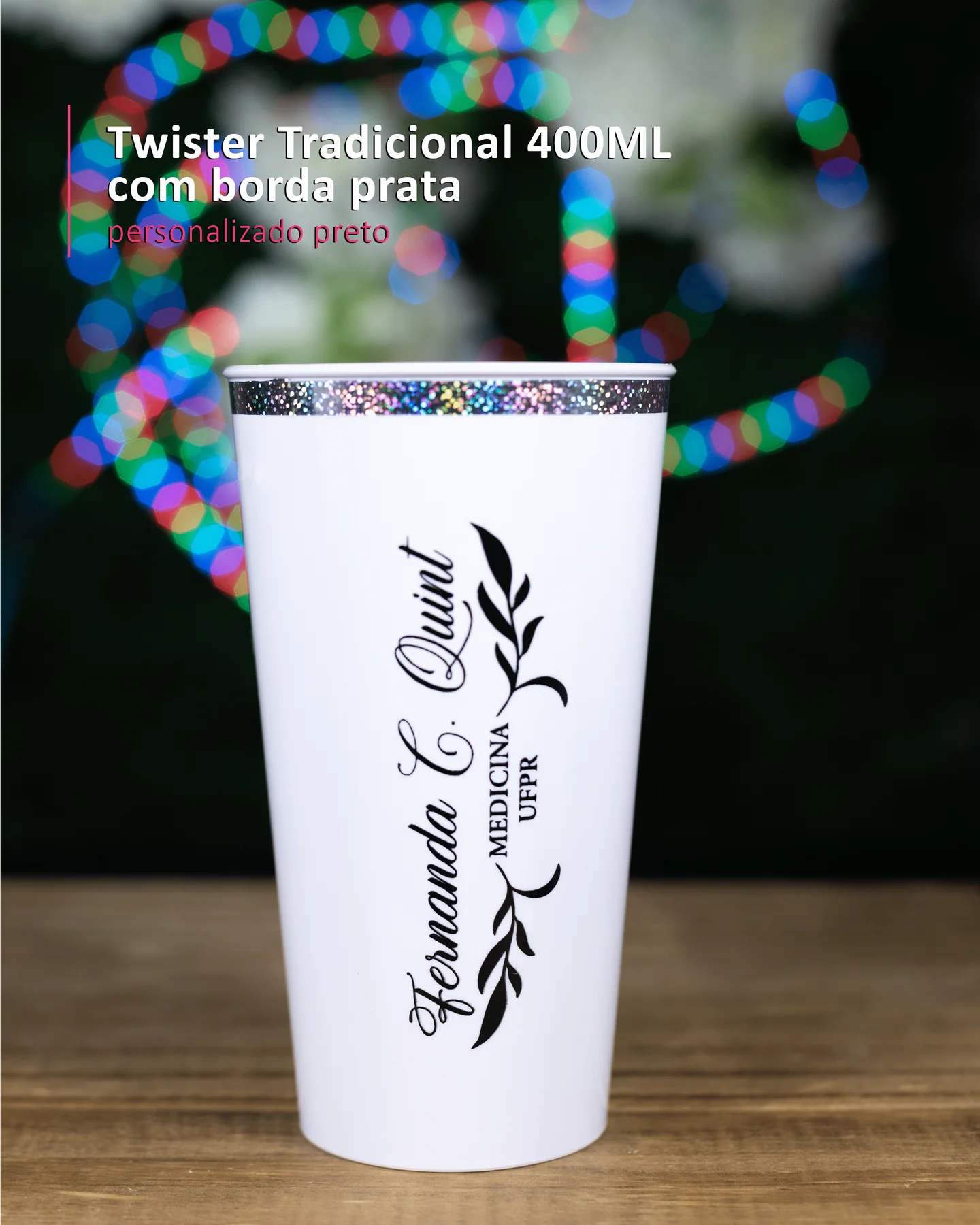 Twister Tradicional 400ML com borda prata personalizado preto