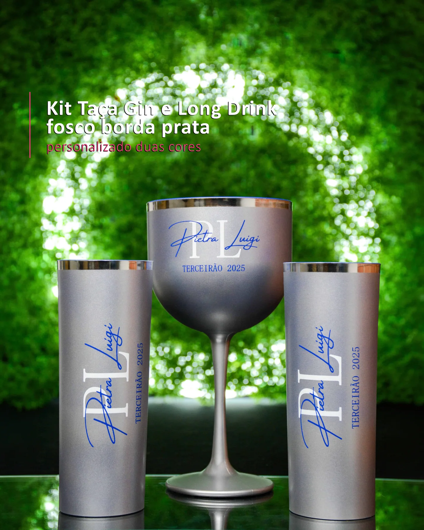 Kit Taça Gin e Long Drink  fosco borda prata  personalizado dua