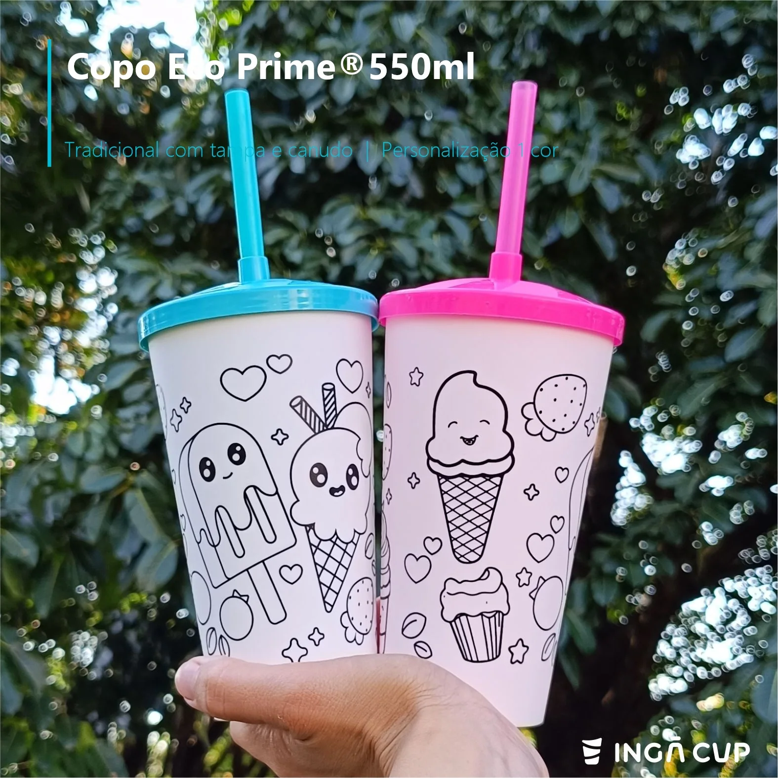 Copo Eco Prime 550ml Tradicional com tampa e canudo - Personalização 1 cor